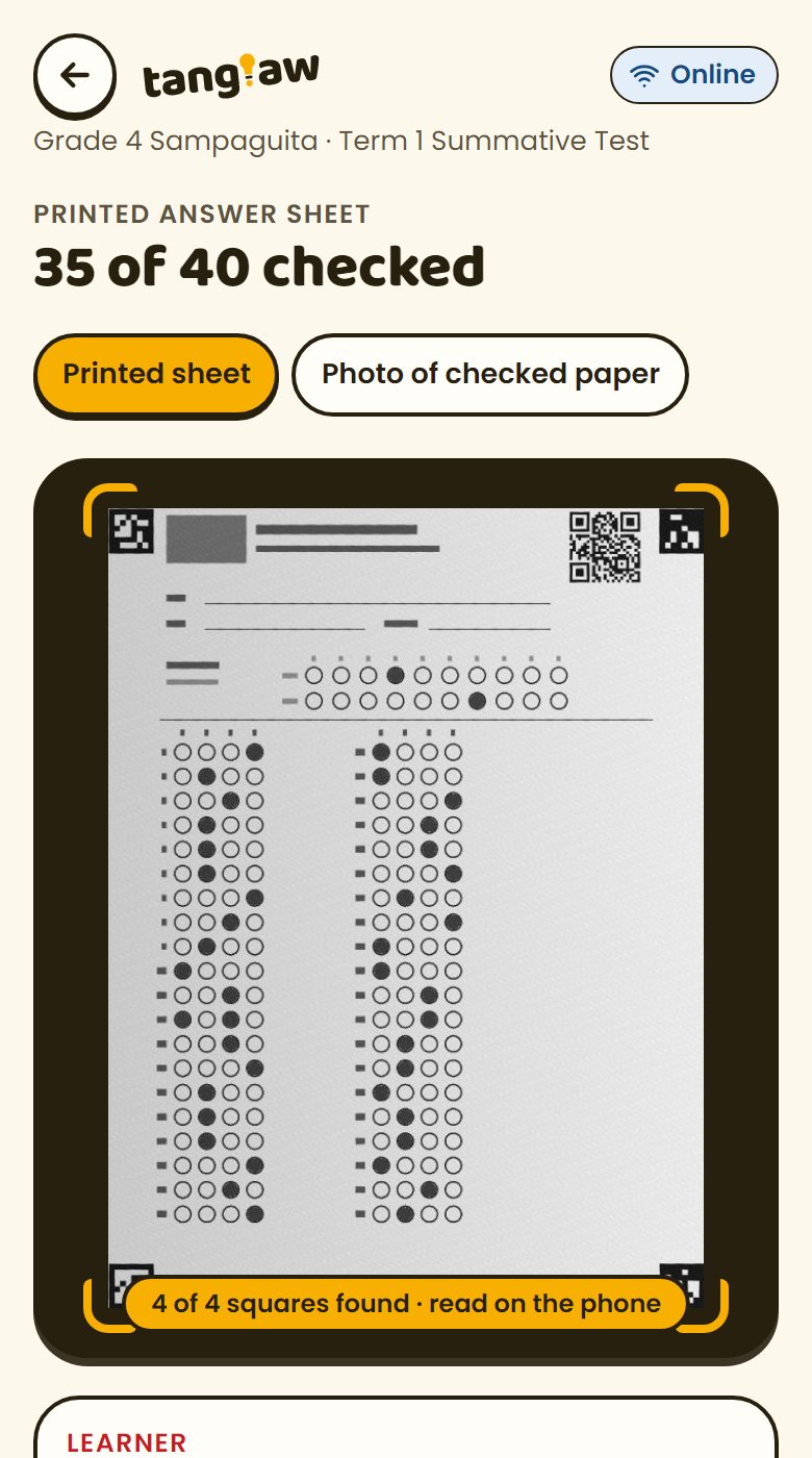 A scanned sheet with 4 of 4 squares found