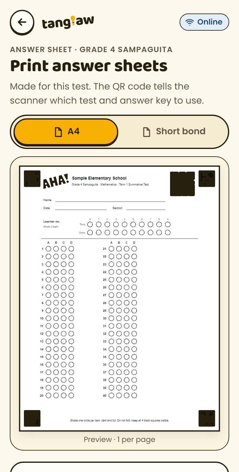 Answer sheet preview with the AHA logo