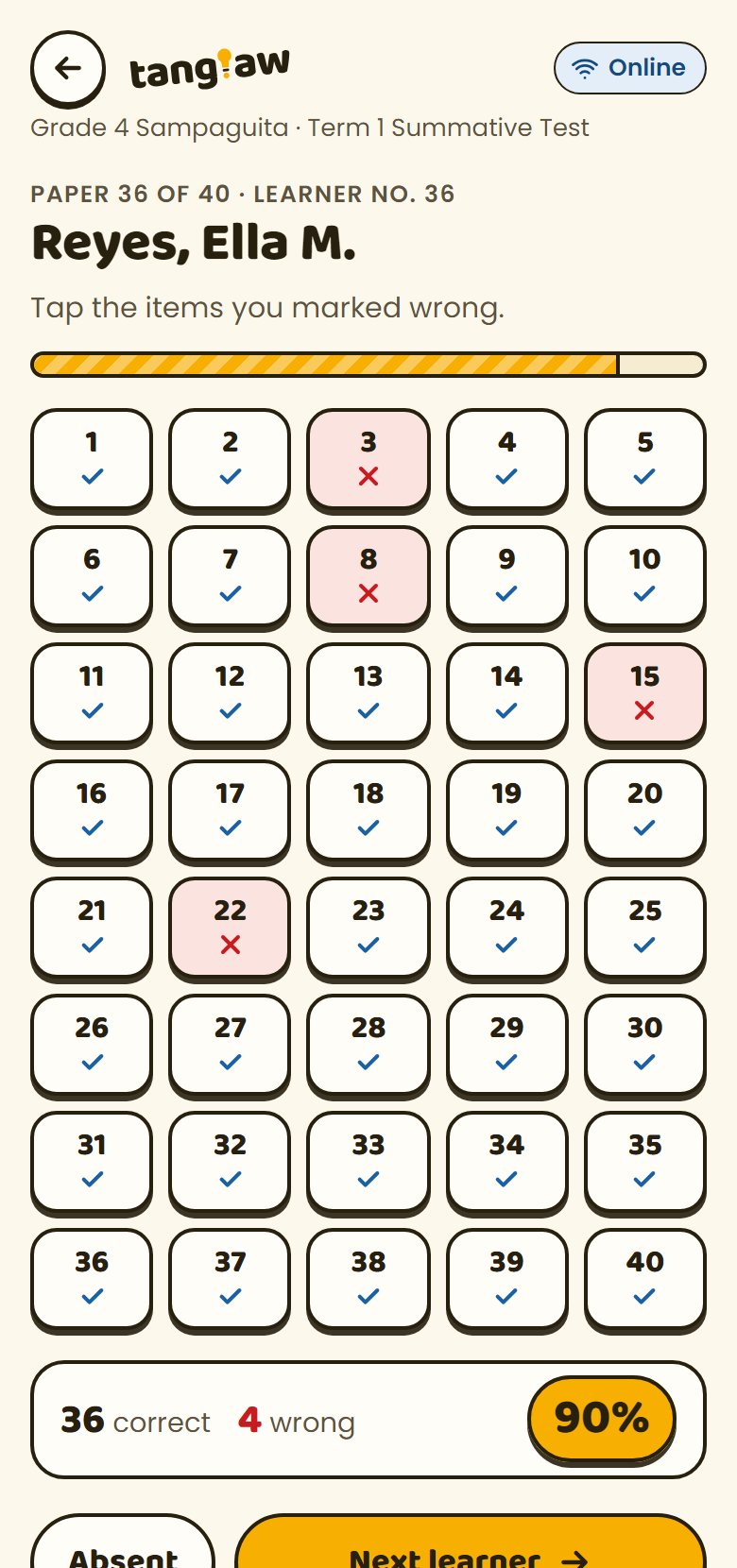 Quick tap with four items marked wrong